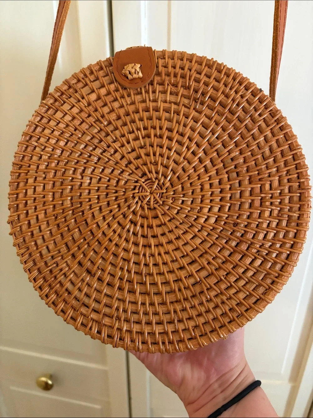 Tan Woven Round Crossbody Bag